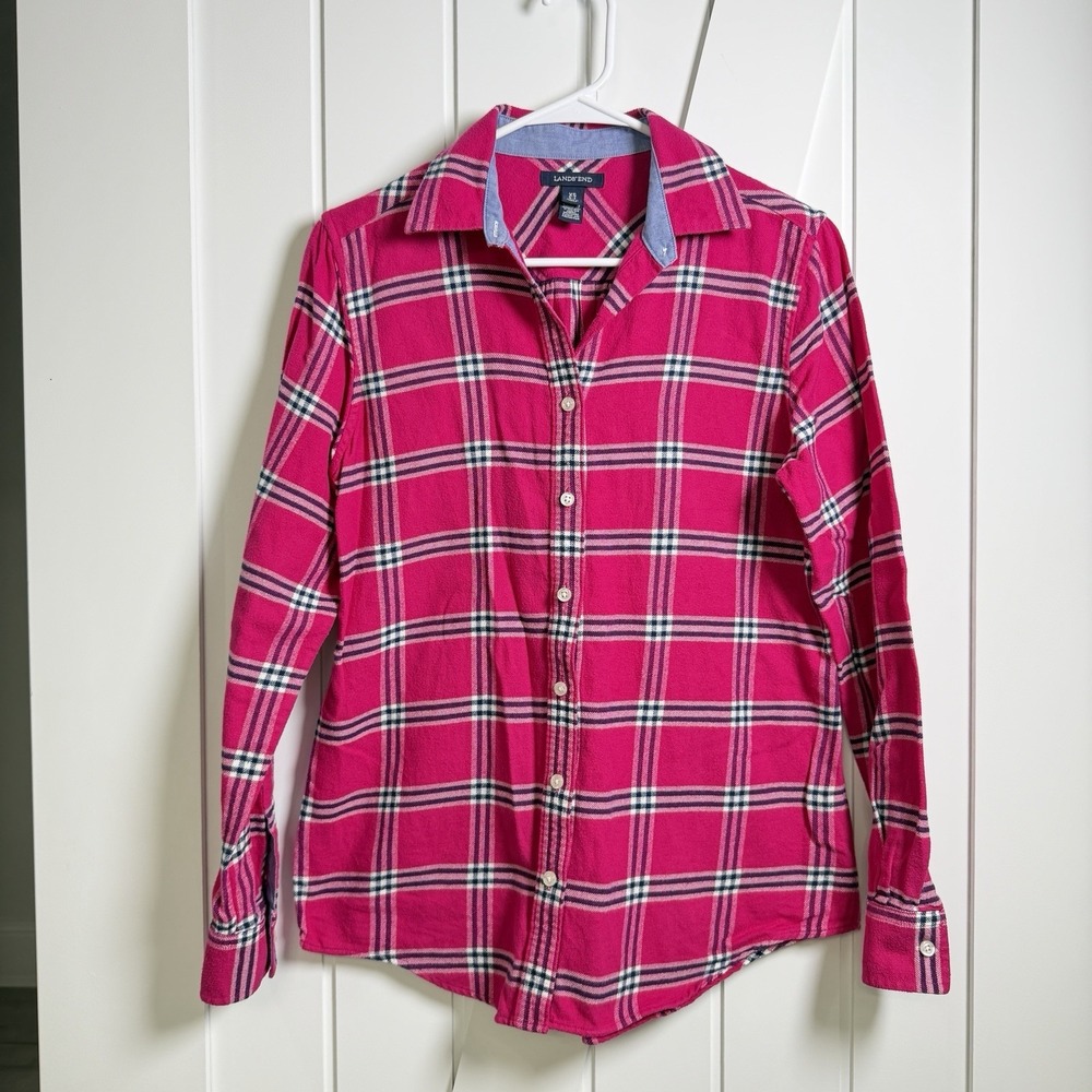 Lands' End plaid flannel shirt pink Women's Size XS 100% Cotton Preppy Normcore